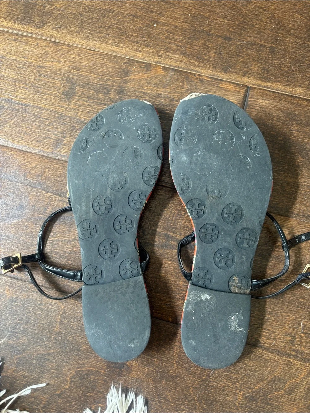 Tory Burch Red/Cotral Plaid Sandals with navy Straps and gold Logo Charm